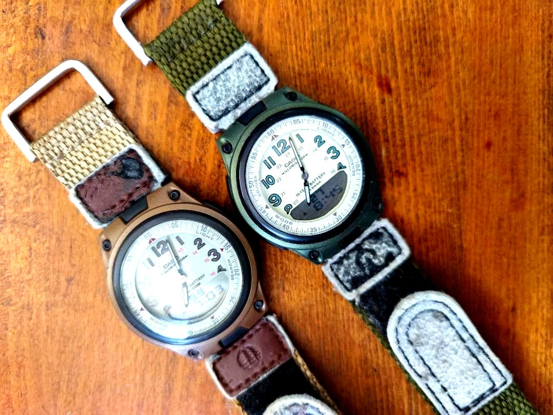 Pair of Casio Digital Watches AW-80V-3BJF and AW-80V-5B with large Arabic digits and shock resistant design