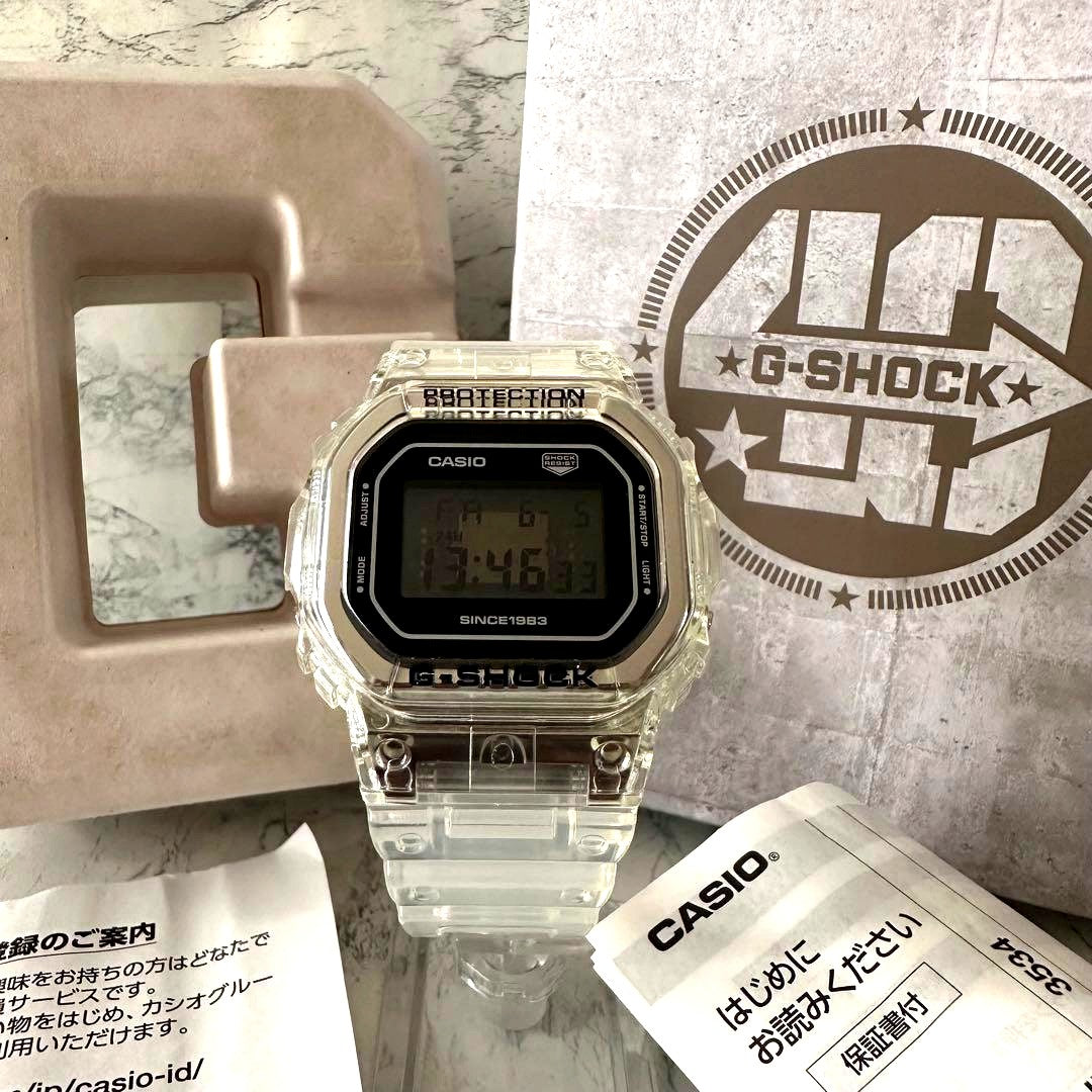 Casio G-Shock 40th Anniversary Limited Model DW-5040RX-7JR watch with clear skeleton bezel and digital display