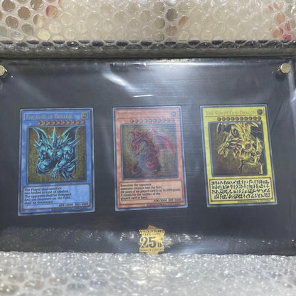 Yugioh The Three Sacred Gods stainless steel special card set with three cards, acrylic display case, metal feet, and instructions