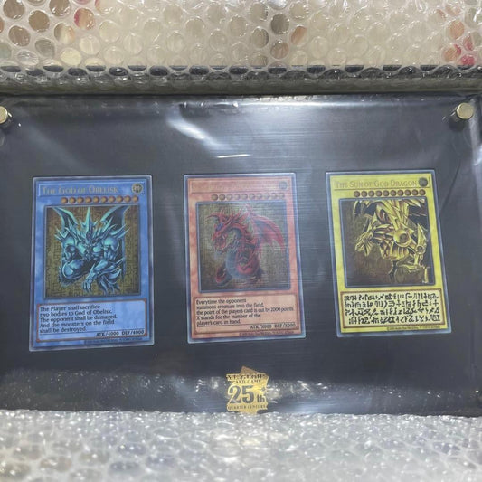 Yugioh The Three Sacred Gods stainless steel special card set with three cards, acrylic display case, metal feet, and instructions