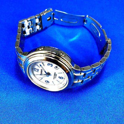 Casio Waveceptor LWQ-120 radio solar women's watch with silver metal band and visible signs of wear