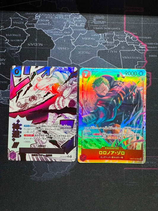 Two One Piece OP05 SR Japanese trading cards featuring Roronoa Zoro character from One Piece series