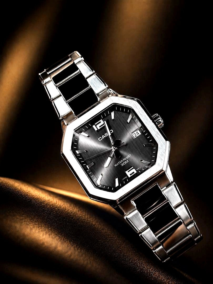 Casio MTP-B195D-1AV quartz watch with square bezel and black dial on stainless steel bracelet