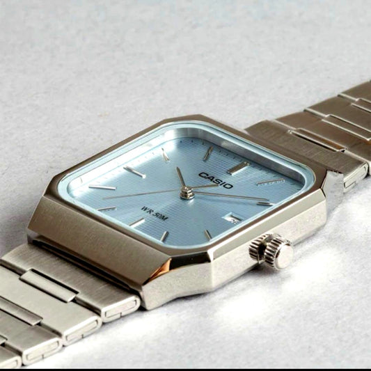 Casio MTP-B185D-2A2 quartz watch with square case and ice blue textured dial