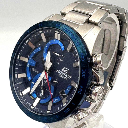 Casio Edifice EQB-900DB-2AJF smartwatch with silver case, blue dial, bezel, and stainless steel band