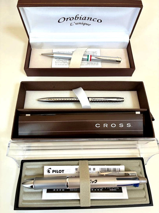 Orobianco Cross Pilot ballpoint pen 3-piece set with dedicated case showing three different pens