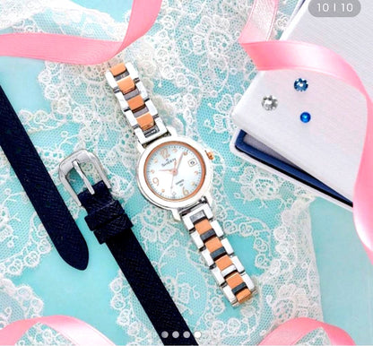 Casio Watch Solar Water-Resistant Blue and Rose Gold Combo with Spare Band — Japan Import