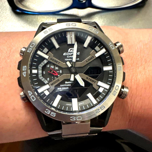 Casio Edifice Bluetooth Solar ECB-2000YD-1AJF watch with white dial and silver band on white background