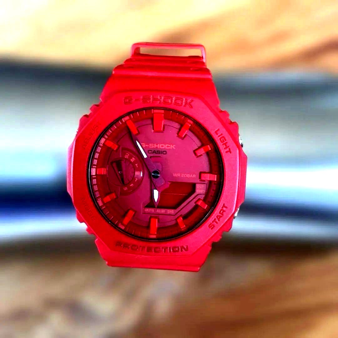 Casio G-Shock GA-2100 red analog-digital watch body with carbon core guard structure