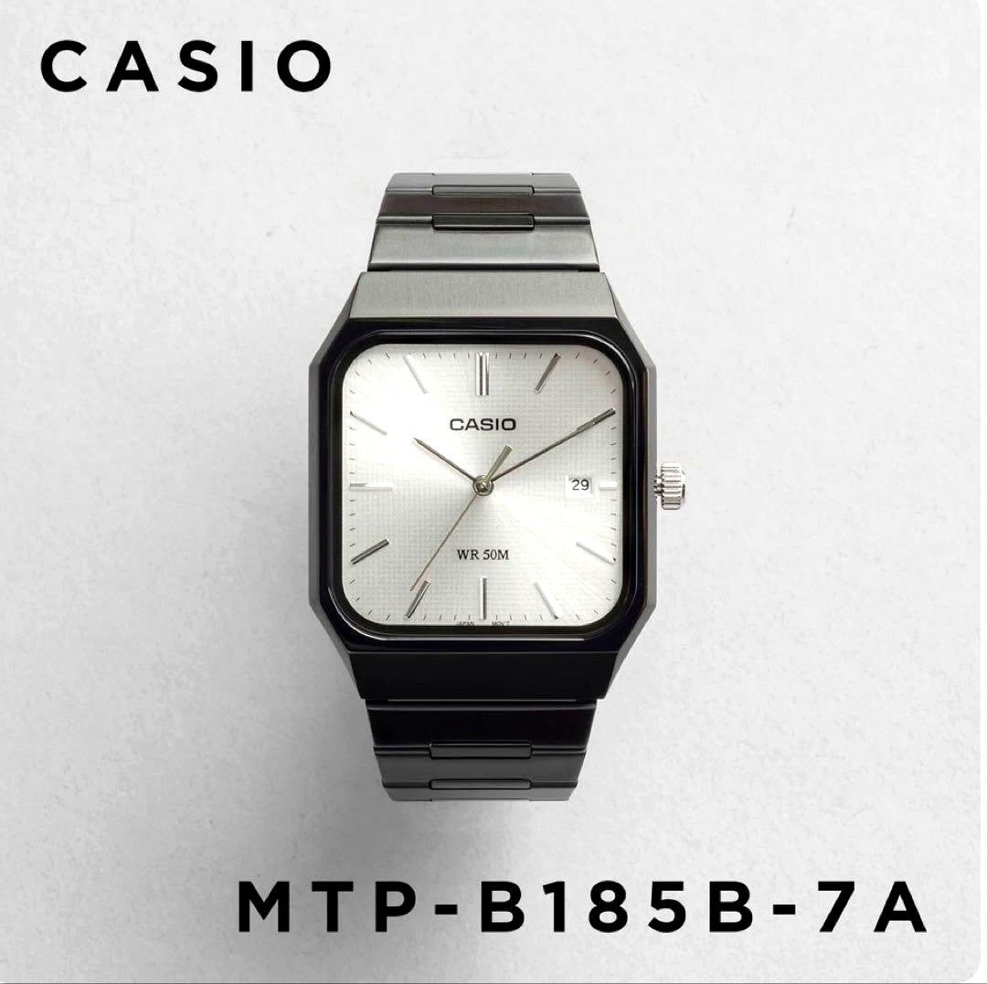 Casio MTP-B185B-7A analog wristwatch with silver dial, black case, and black band showing date function