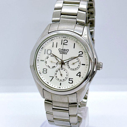 Casio Agent ARG-300 men's silver chronograph watch with stainless steel band and three subdials