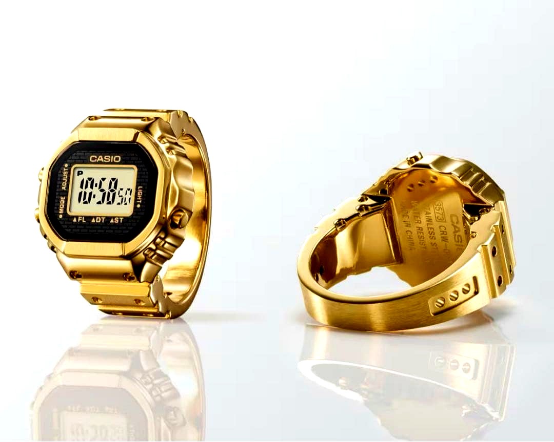 Casio CRW-001G-9JR gold ring-shaped digital watch with stainless steel band and LCD display