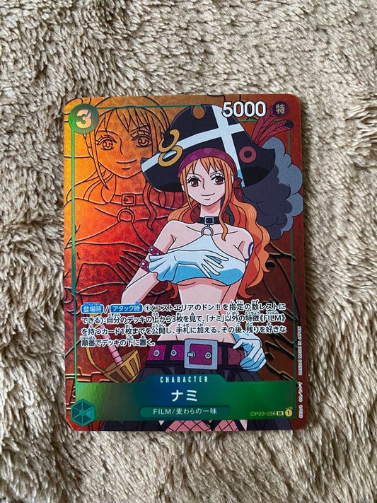 One Piece Nami parallel trading card OP02-036 featuring green attribute and 5000 power
