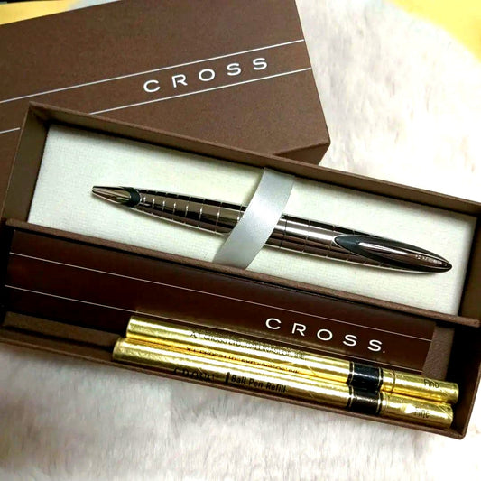 Cross Verve ballpoint pen with radial chrome finish, silver retractable mechanism, including case and three refills