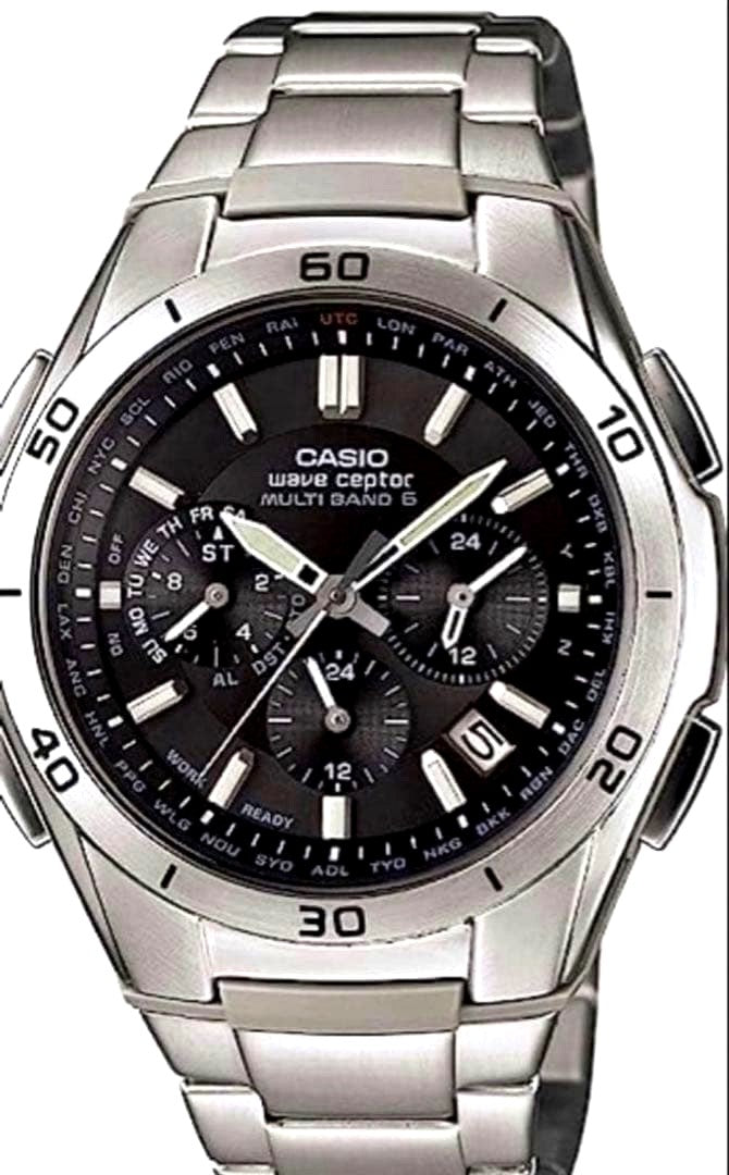 Casio Wave Ceptor Model 5174JA radio solar watch with black dial and stainless steel band