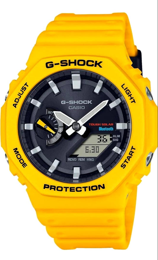 Casio G-Shock GA-B2100C-9AJF yellow Bluetooth watch with octagonal face and carbon core guard structure