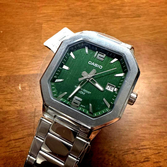Casio MTP-B195D watch with green dial, 38mm case, 8.3mm thickness, Japanese version
