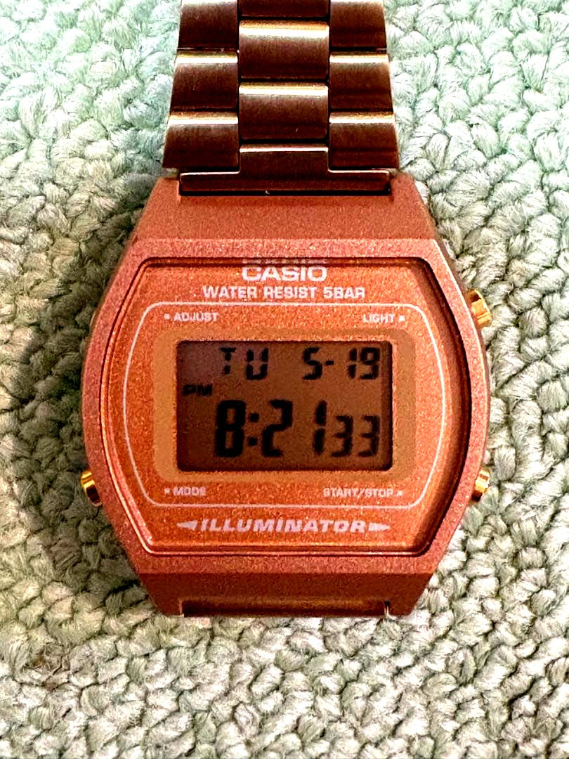 Casio B640-WC-5A rose gold retro digital watch with stopwatch, alarm, and backlight on display