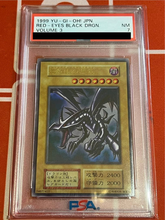 Yugioh Red-Eyes Black Dragon trading card graded PSA 7 in protective case