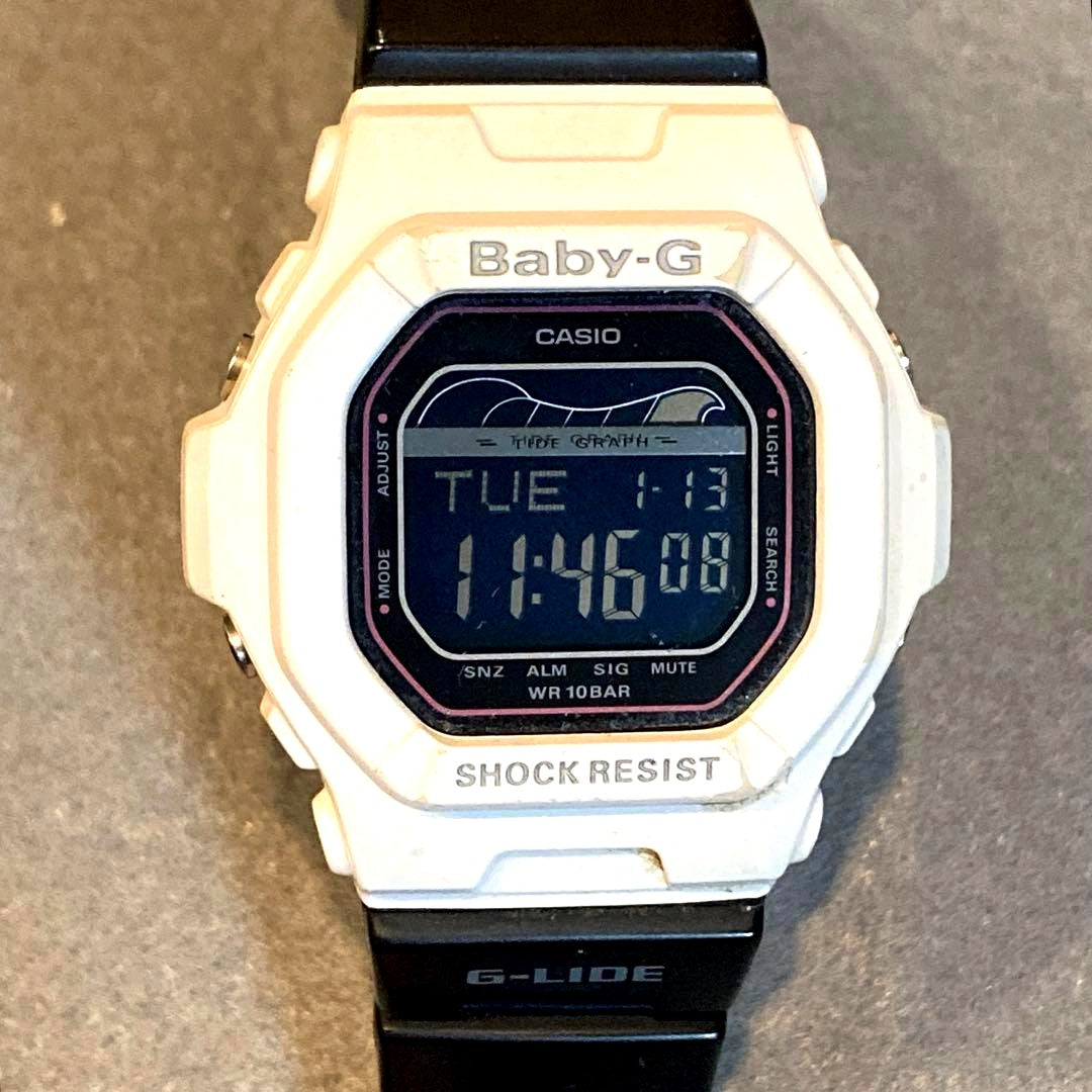 Casio Baby-G BLX-5600 G-LIDE digital watch with square face tide graph in white and black color