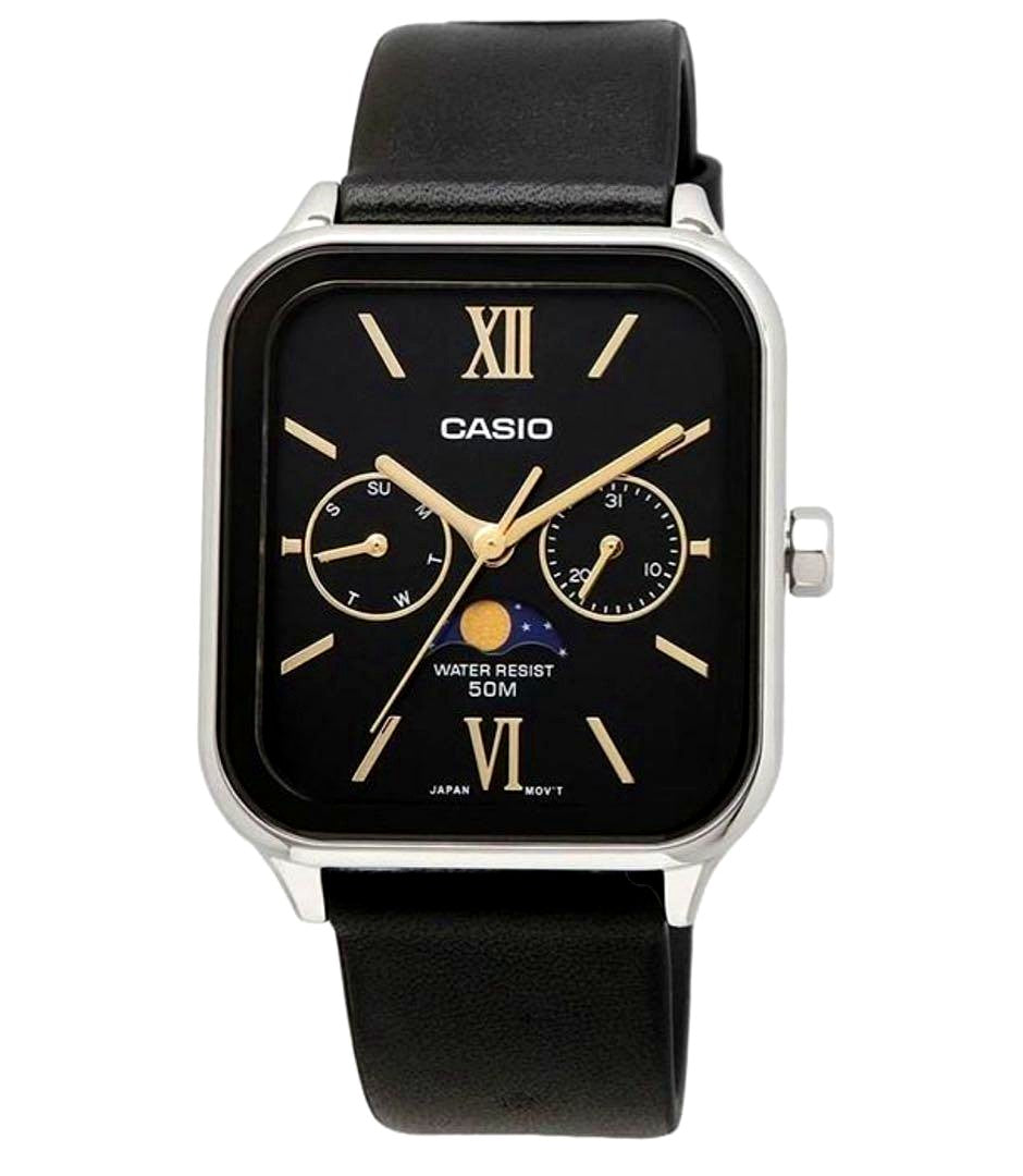 Casio Standard MTP-M305L mens watch with moon phase display and brown leather band