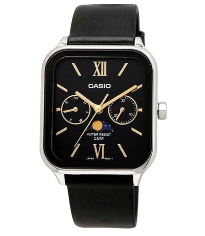 Casio Standard MTP-M305L mens watch with moon phase display and brown leather band