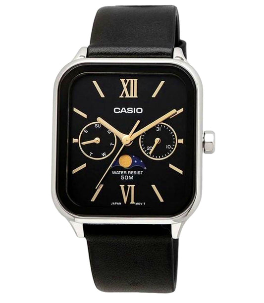 Casio Standard MTP-M305L mens watch with moon phase display and brown leather band