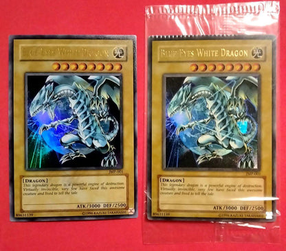 Blue-Eyes White Dragon Ultra Rare 2-card set with top-left crack error in sealed original packaging
