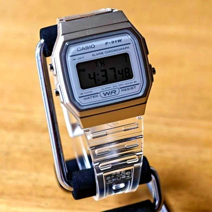 Casio F-91WS-7 quartz wristwatch in white with digital display and black strap