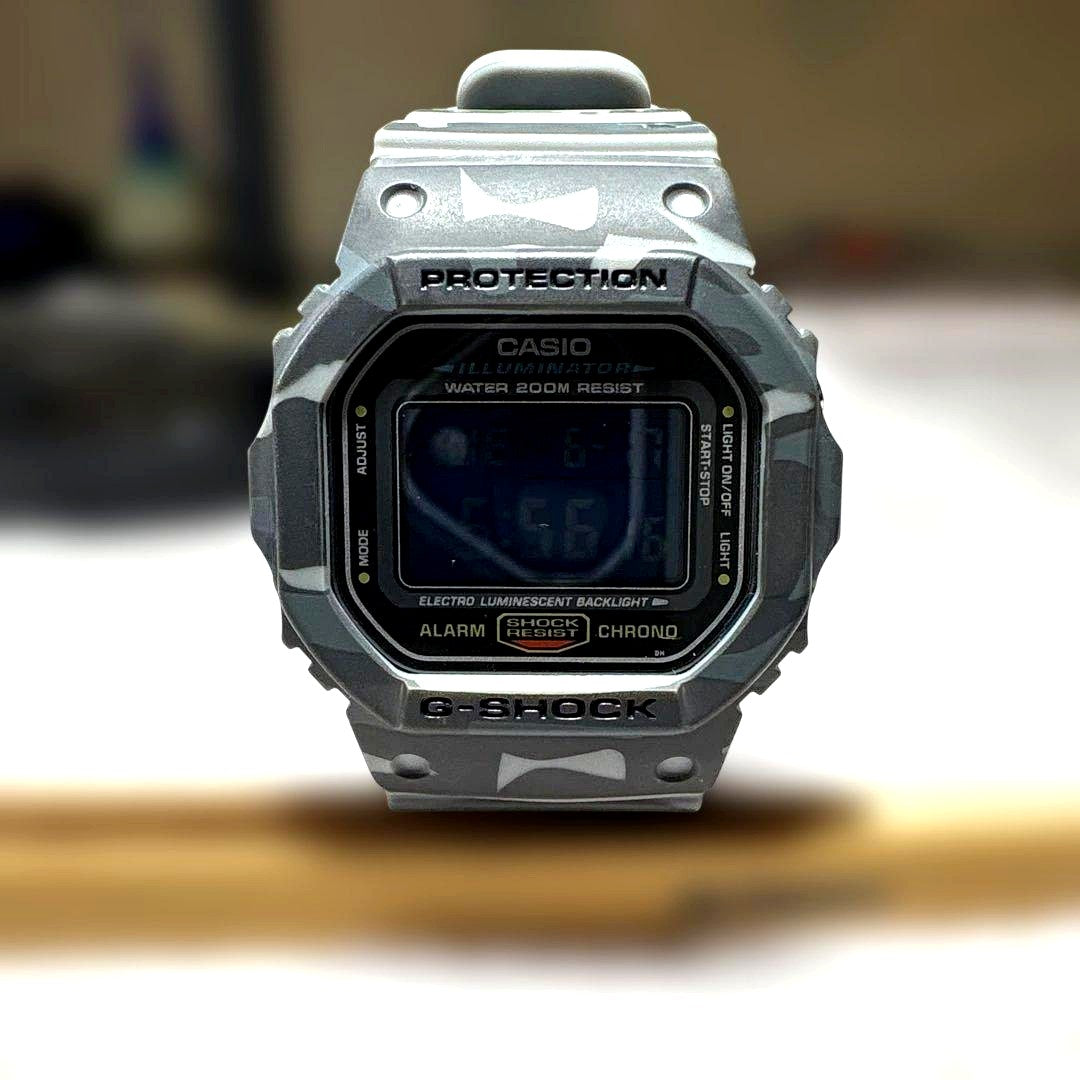 Casio G-Shock DW5600E watch with new camouflage replacement bezel and band Japan import