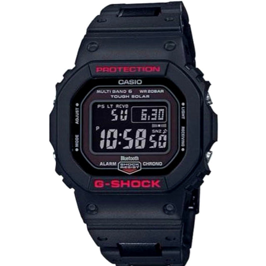 Casio G-Shock GW-B5600HR-1JF Solar Bluetooth digital watch with black and red band, showing digital display