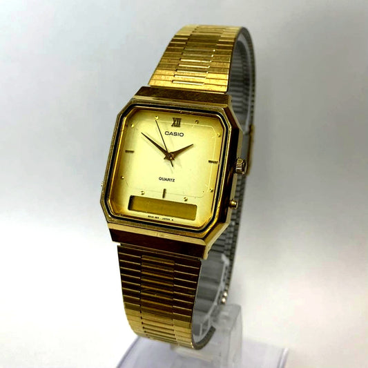 Casio AQ-525 men’s quartz digital-analog watch with black band and Japan import label