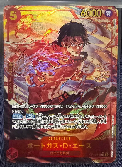 One Piece Portgas D. Ace OP16-118 SEC Parallel Card stored in protective sleeve and toploader