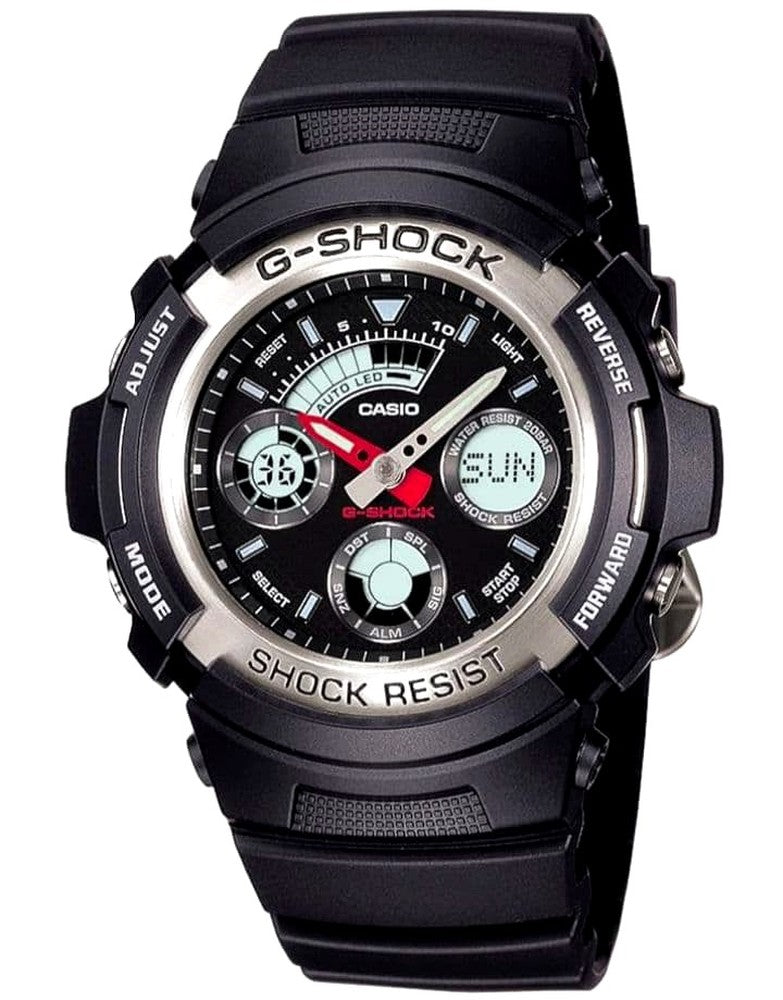 Casio G-Shock AW-590-1AJF digital analog watch with silver metal bezel and black strap