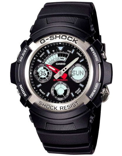 Casio G-Shock AW-590-1AJF digital analog watch with silver metal bezel and black strap