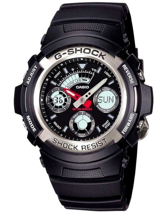 Casio G-Shock AW-590-1AJF digital analog watch with silver metal bezel and black strap