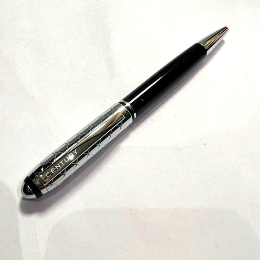 Century Cross Aurora silver black ballpoint pen with diamond cut design showing minor wear