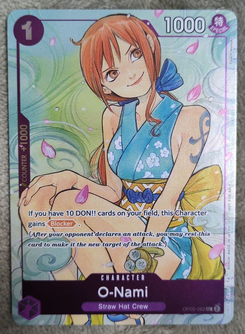 Onami One Piece card game overseas edition Japan import showing card OP05-062 illustrated by Peach Momoko