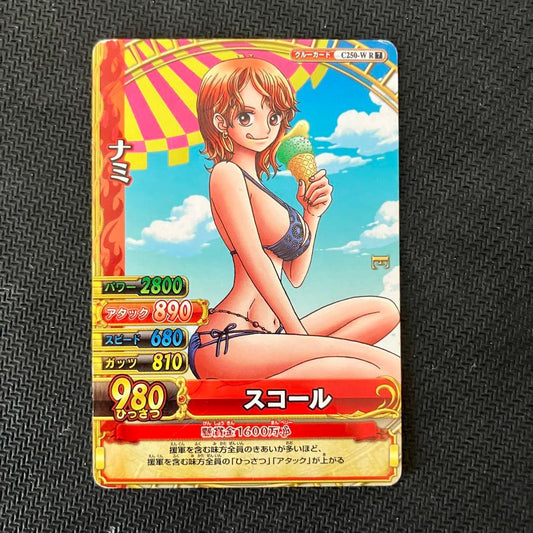 One Piece Nami WRSR Rare Wari Berri trading card with power 2800 and stats displayed