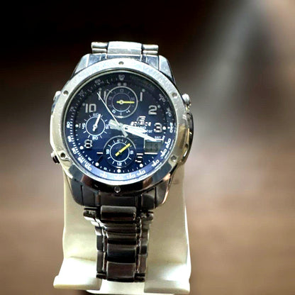 Casio EQW-700 chronograph watch with navy dial and stainless steel bracelet