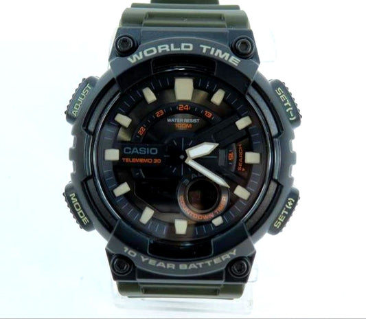Casio World Time Watch with dark green rubber strap and plastic buckle, 43mm case size