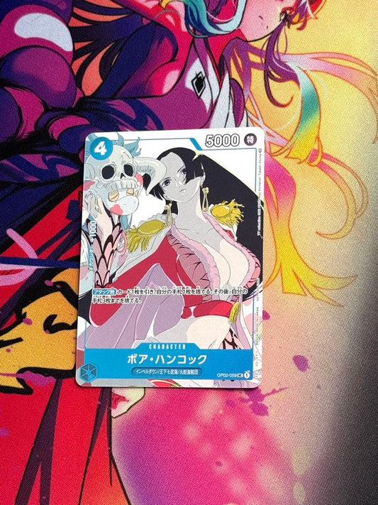 One Piece Boa Hancock OP02-059 blue attribute character card in protective sleeve and card loader