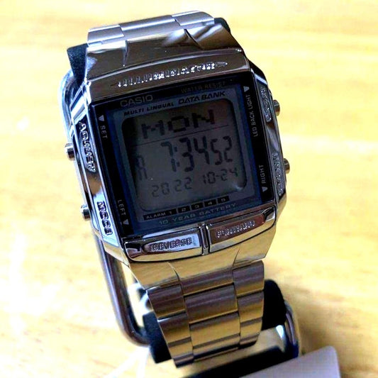 Casio Data Bank DB-360-1A digital mens watch with black band and dual time LCD display