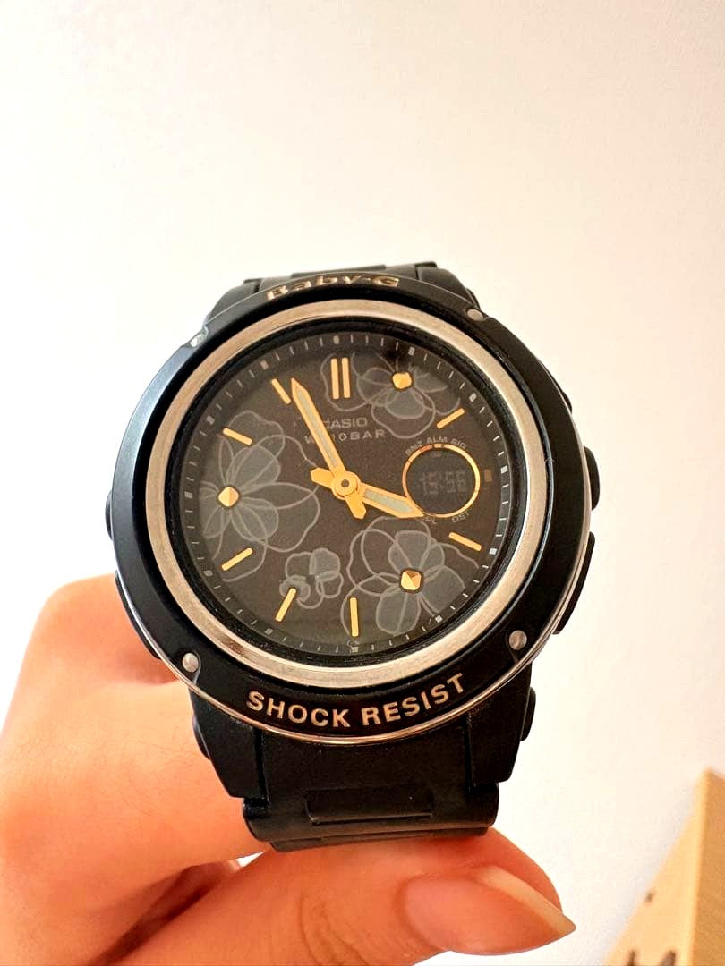 Casio Baby-G black digital watch featuring a floral dial and shock resistance, like new condition