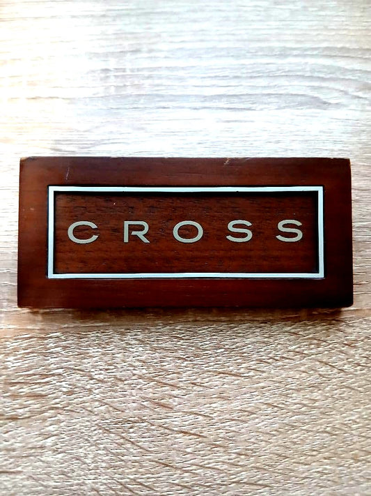CROSS wooden logo plate with simple double-sided logos brown wood desk accessory 12.4 by 5.5 inches