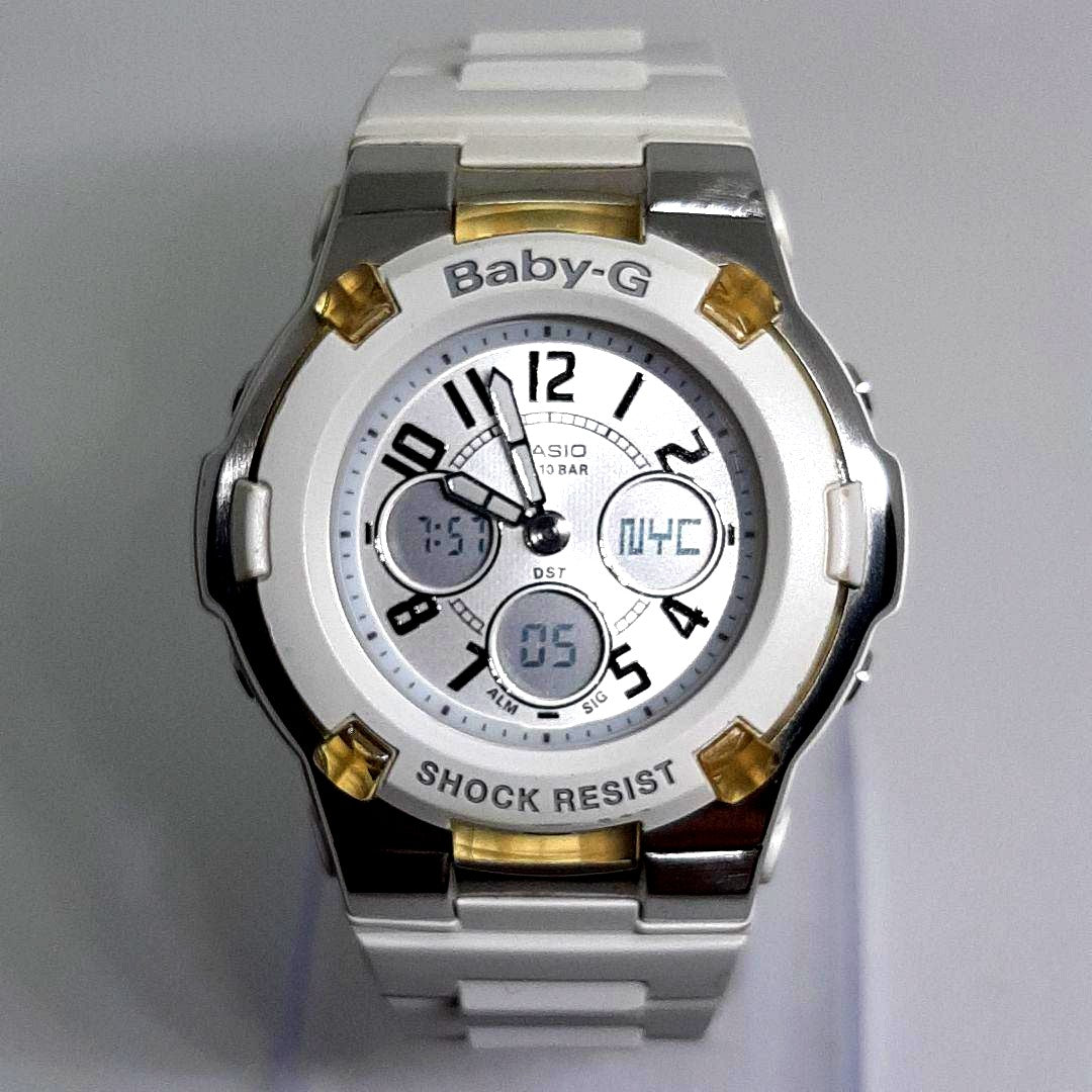 Casio Baby-G BGA-110 ladies digital analog watch with white resin band and silver dial
