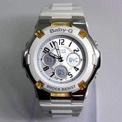 Casio Baby-G BGA-110 ladies digital analog watch with white resin band and silver dial