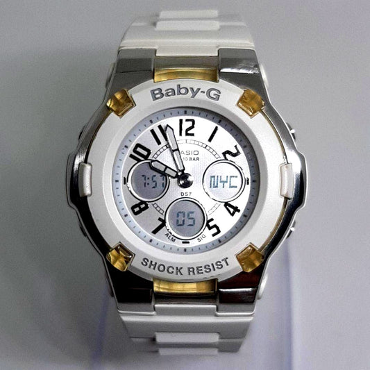 Casio Baby-G BGA-110 ladies digital analog watch with white resin band and silver dial