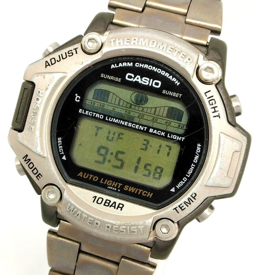 Casio Protrek Tide Graph PRT-111 men's titanium quartz watch with visible surface scratches and titanium case