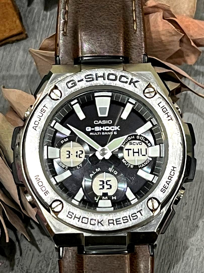 Casio G-Shock GST-W130L radio-controlled solar watch with worn strap displayed from front view